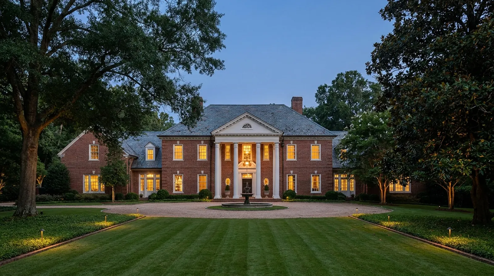 A Georgian brick estate at dusk with warm light in the windows and a long lawn