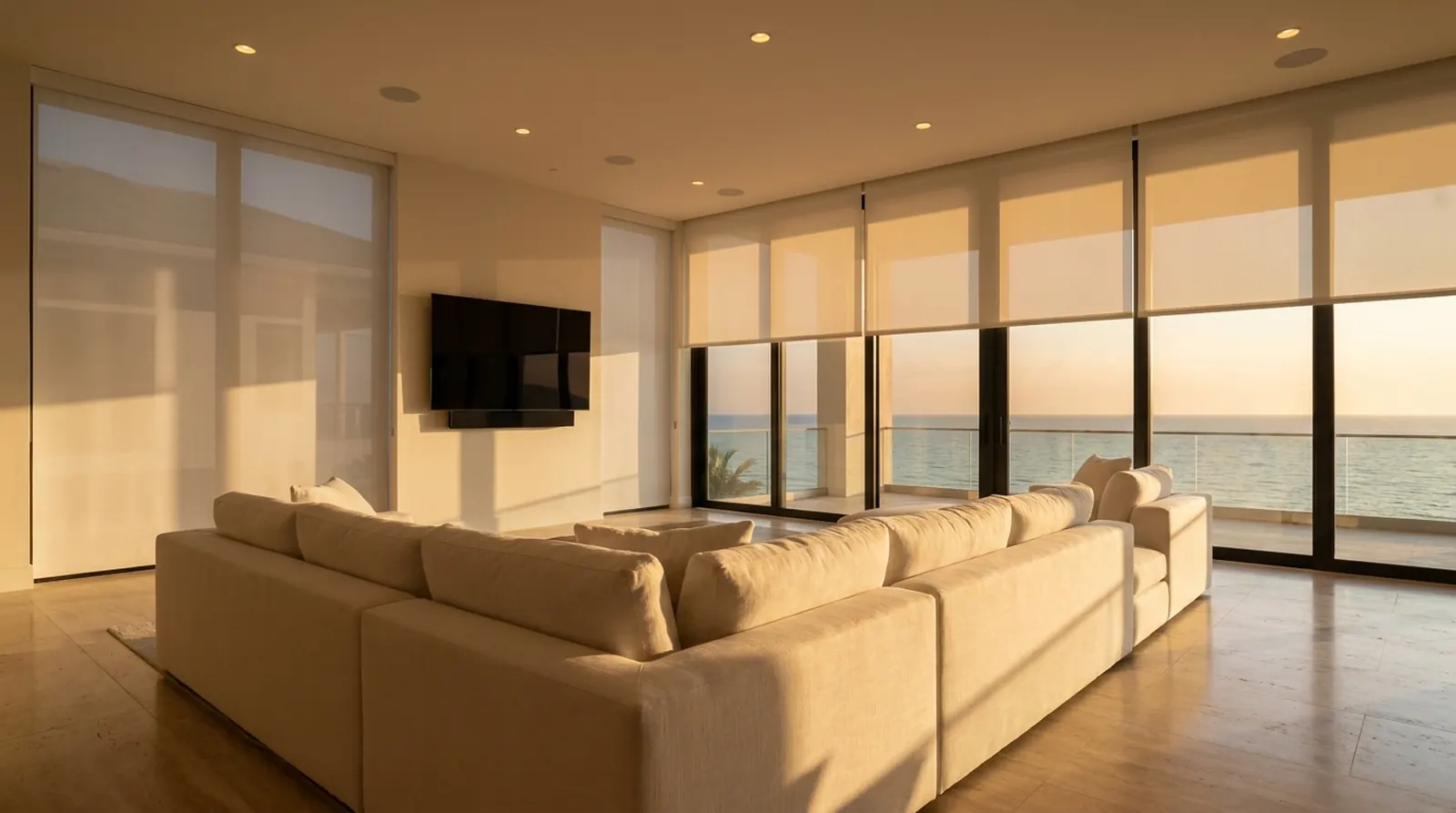 A great room at golden hour with motorized shades half lowered over the water