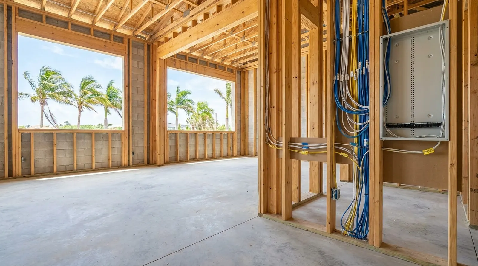 Neatly bundled low-voltage wiring in an open frame before drywall