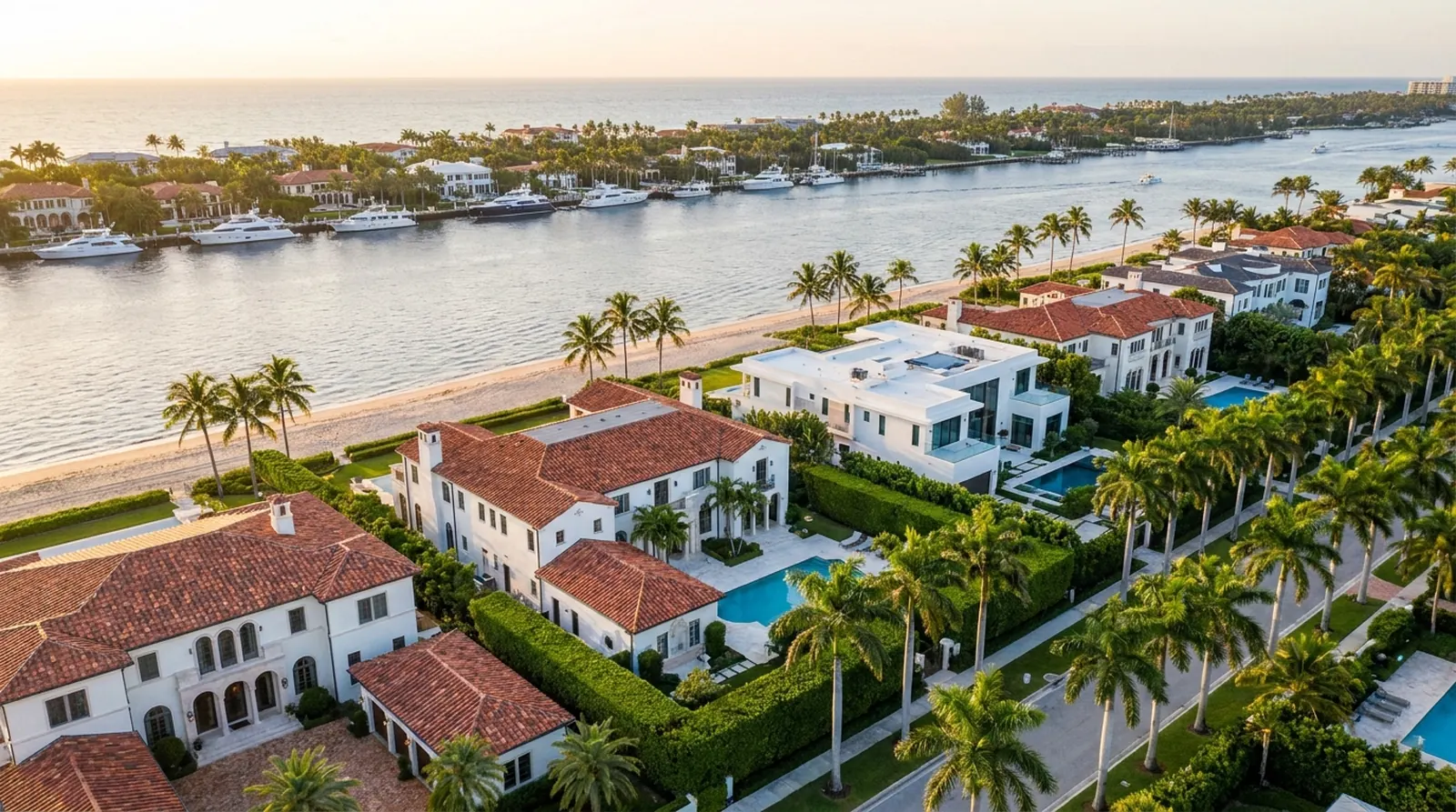 Aerial view of Palm Beach estates between the ocean and the Intracoastal Waterway