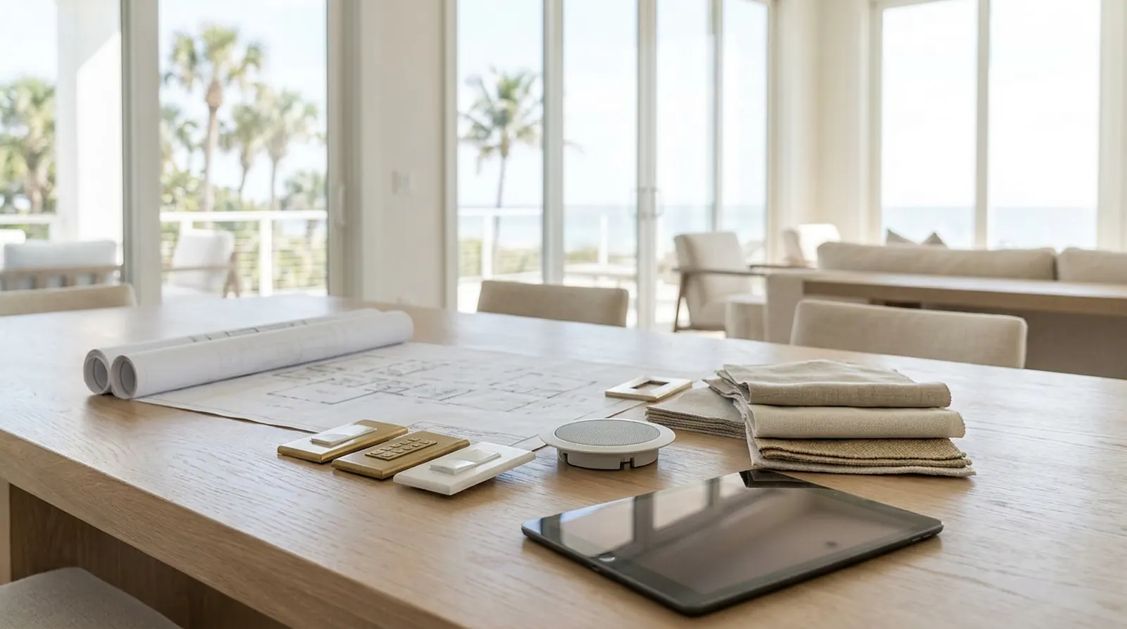 Floor plans, lighting keypad samples and a tablet on a table in a bright coastal home