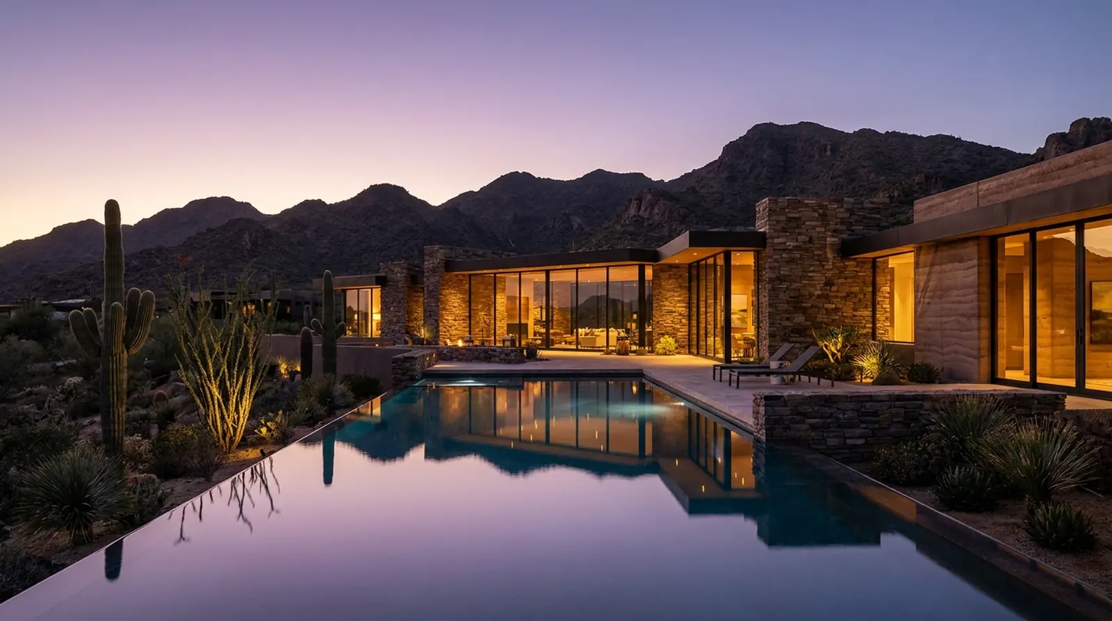A contemporary desert home with an infinity pool at dusk below the mountains