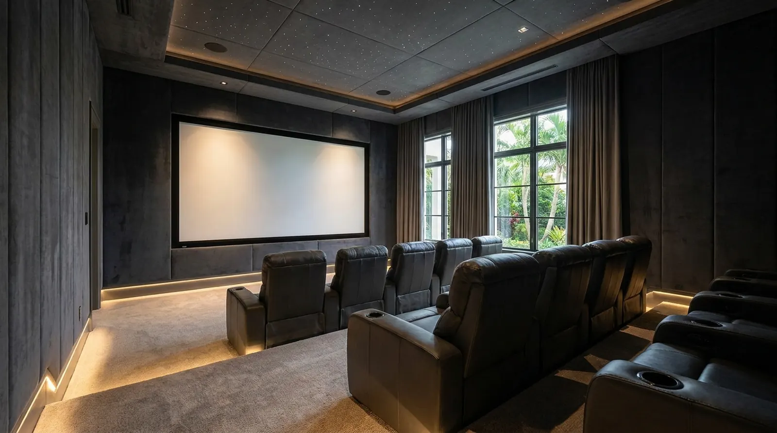 A private home cinema with reclining seats