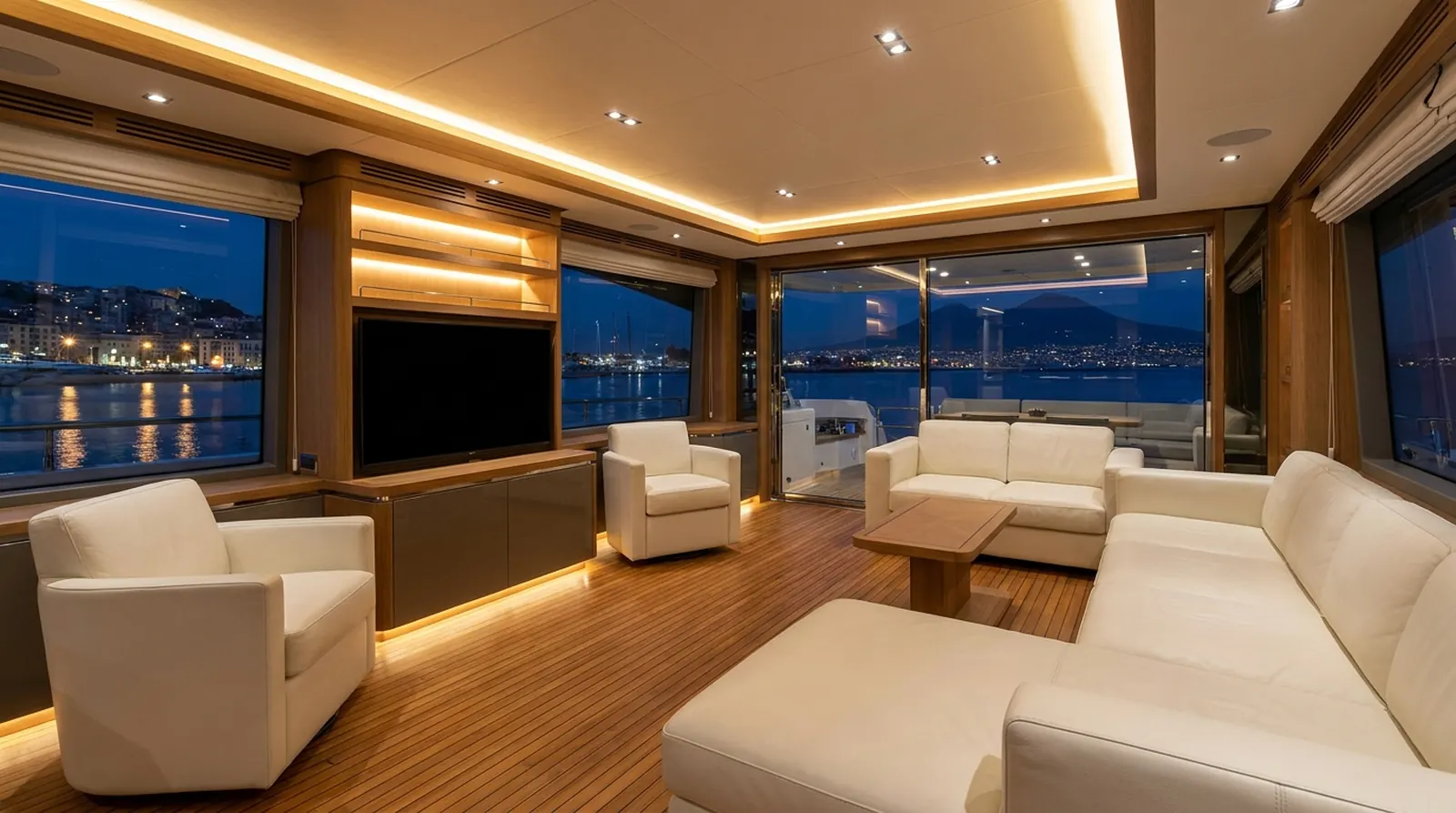 A motor yacht salon with integrated lighting and screens